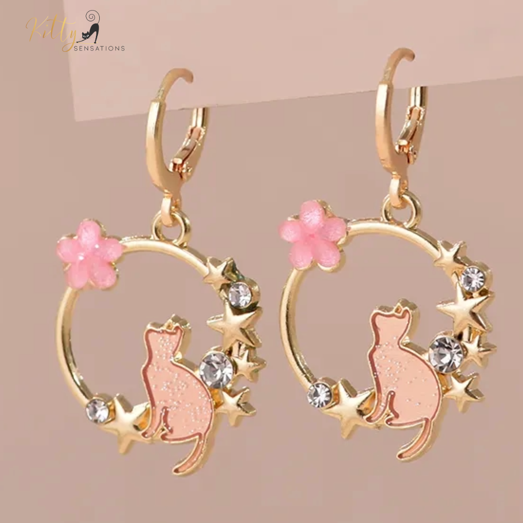 Jasmine and Stars - Crystal, CZ, and Enamel Kitty Dangle Earrings - Pink or Blue
