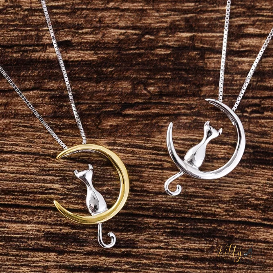 cat moon necklace in sterling silver - two toned and silver