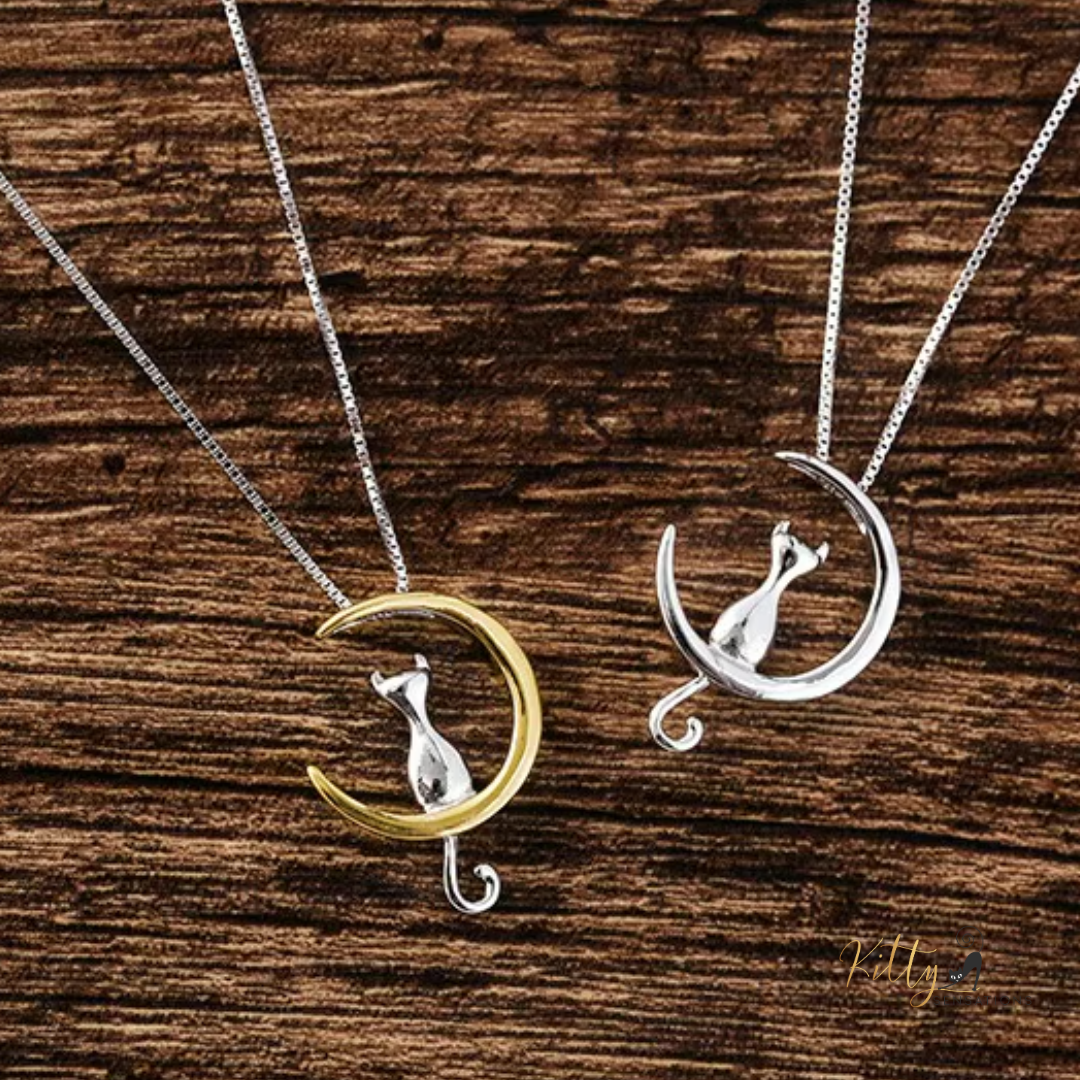 cat moon necklace in sterling silver - two toned and silver