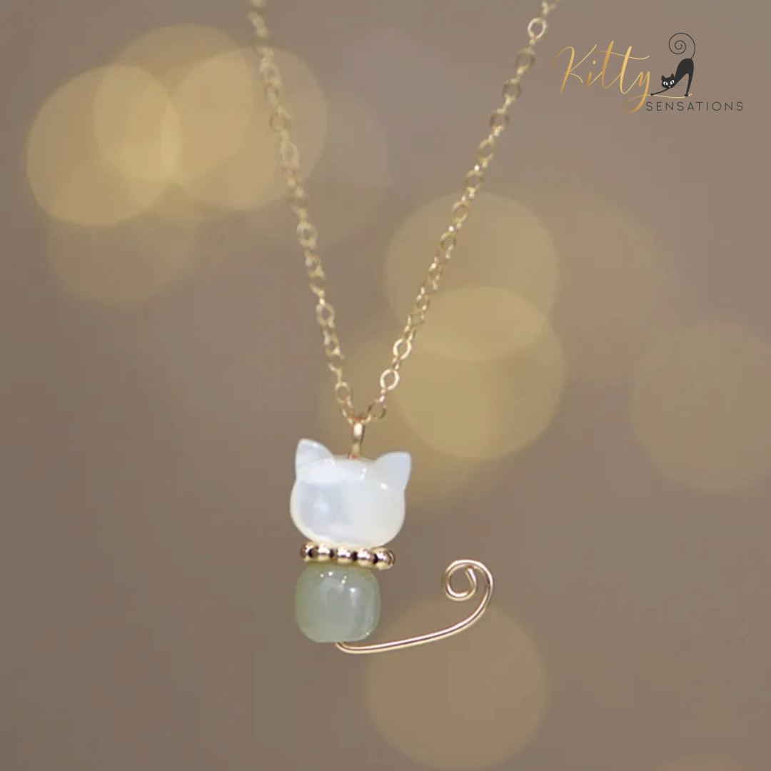 Hetian Jade and Mother-of-Pearl Cat, 14K Gold Filled Cat Necklace (Black or White)