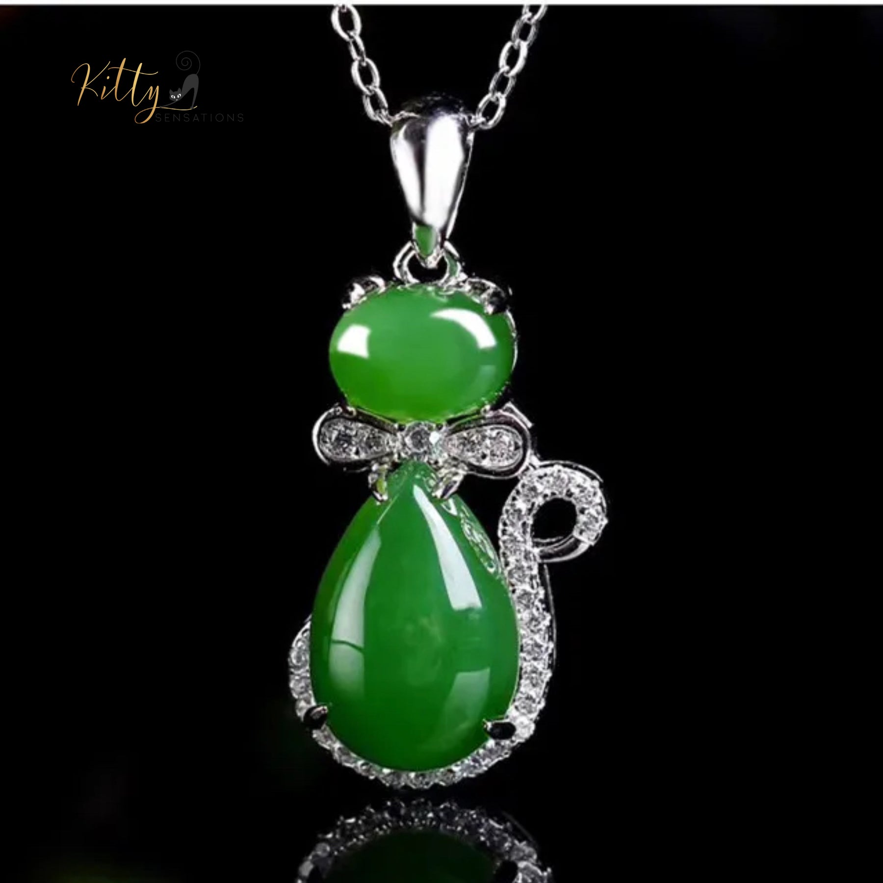 http://KittySensations.com: Natural Chrysoprase Cat Necklace in Solid 925 Sterling Silver ($103.88): https://kittysensations.com/products/natural-chrysoprase-cat-necklace-in-solid-925-sterling-silver?_pos=1&_psq=chrysopr&_ss=e&_v=1.0