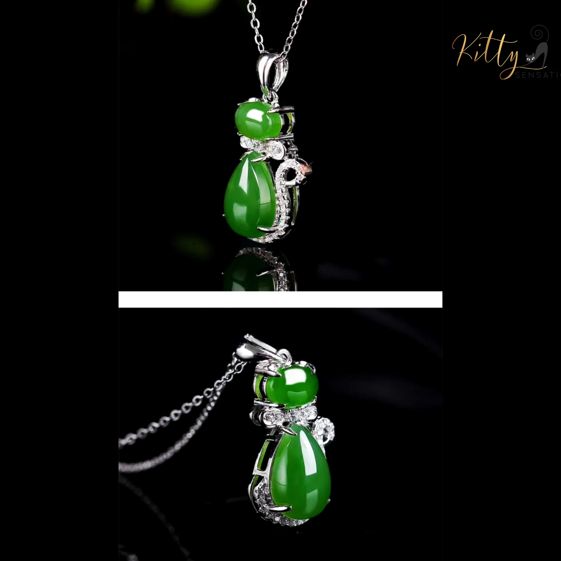 http://KittySensations.com: Natural Chrysoprase Cat Necklace in Solid 925 Sterling Silver ($103.88): https://kittysensations.com/products/natural-chrysoprase-cat-necklace-in-solid-925-sterling-silver?_pos=1&_psq=chrysopr&_ss=e&_v=1.0