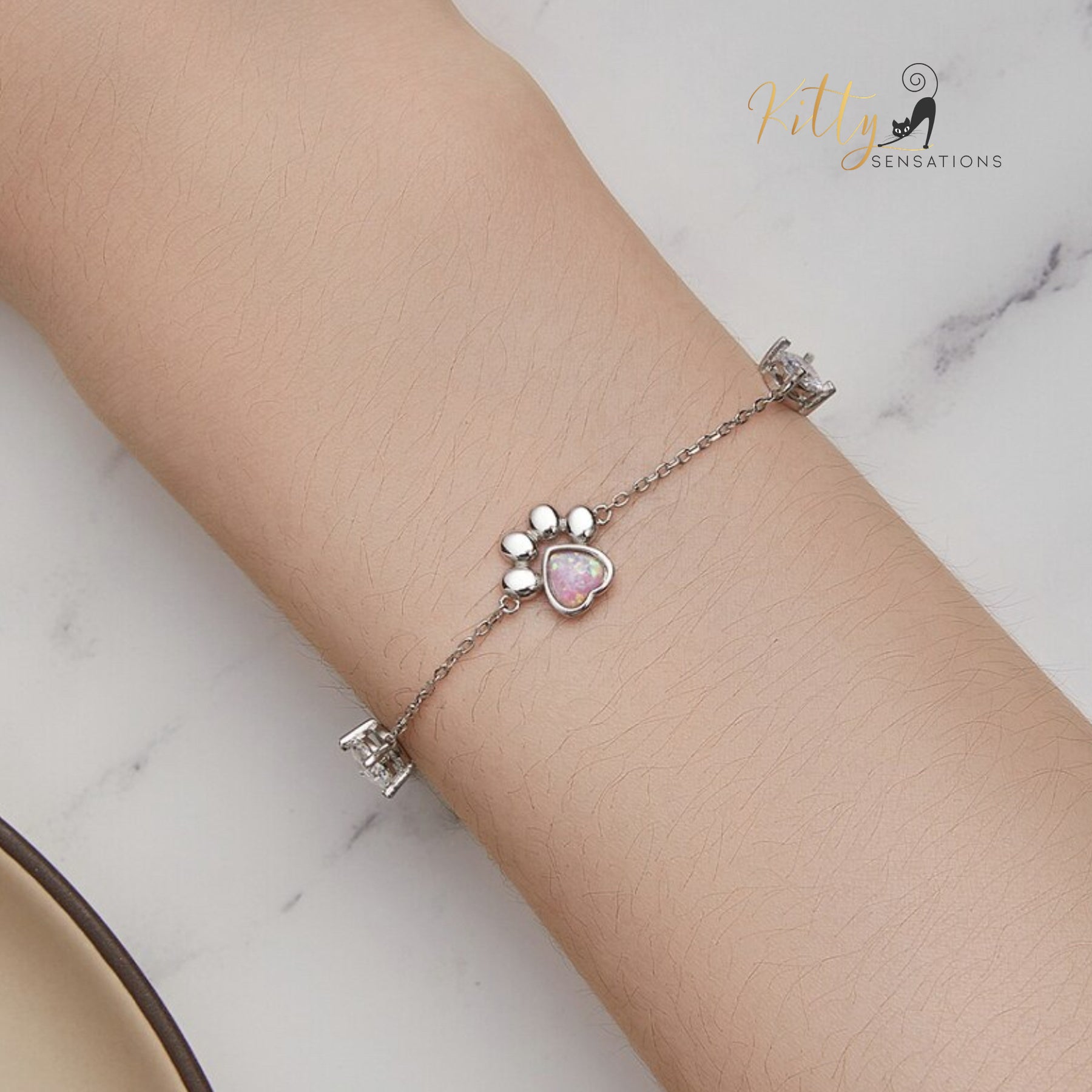 Opal Cat Paw and CZ Bracelet in Solid 925 Sterling Silver (Platinum Plated)