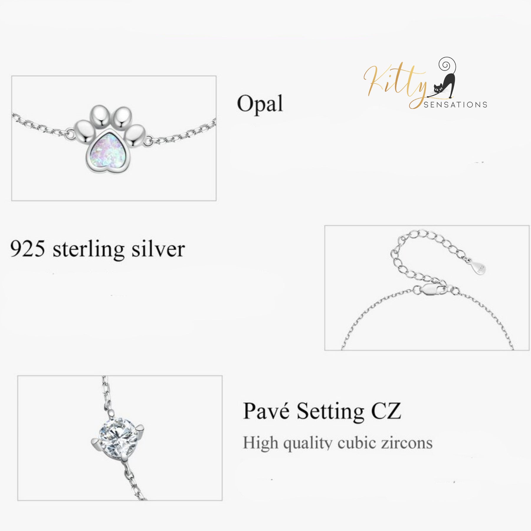 Opal Cat Paw and CZ Bracelet in Solid 925 Sterling Silver (Platinum Plated)