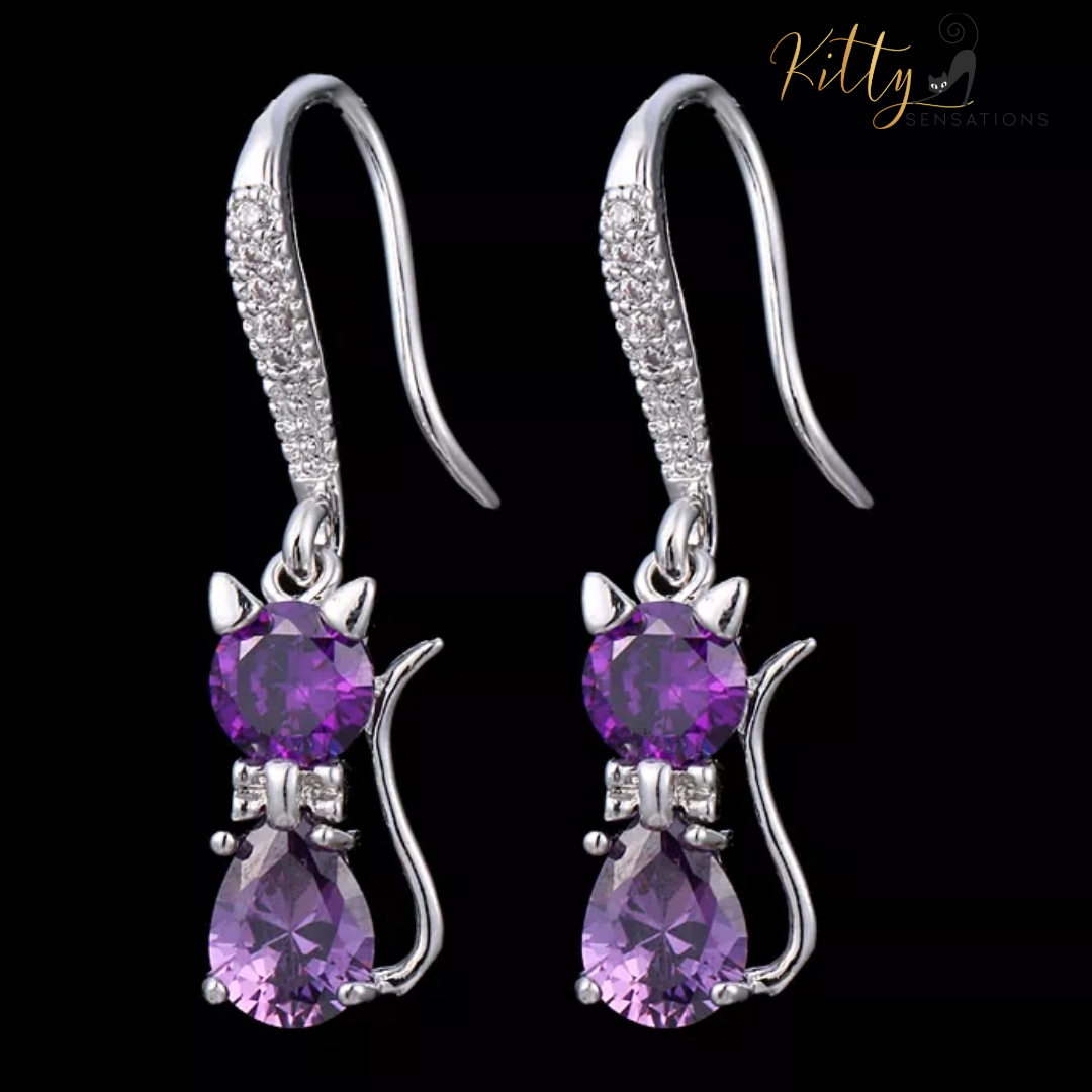 Purple Crystal Cat Earrings (Platinum Plated)