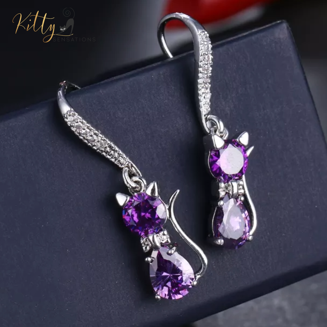 Purple Crystal Cat Earrings (Platinum Plated)