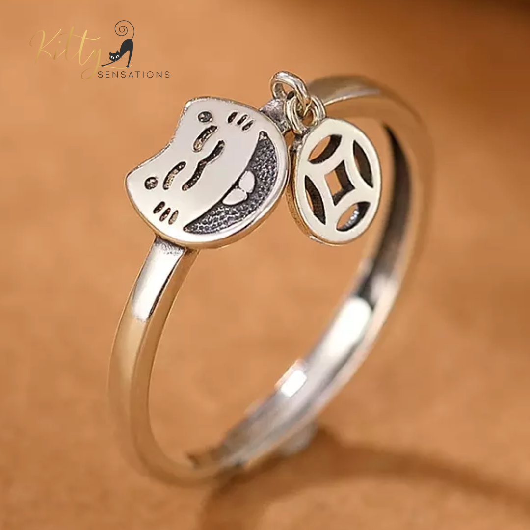 Smiley Cat Ring with Hanging Charm in Solid 925 Sterling Silver - Rhodium-Plated - Adjustable