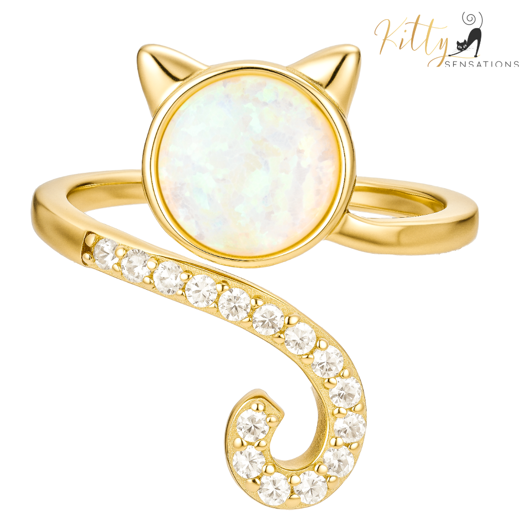 Solid 925 Sterling Silver, gold-plated cat-shaped ring with large opal center stone for kitty face with cute ears and AAA quality cubic zirconia adorning the kitty tail of this adjustable size ring.