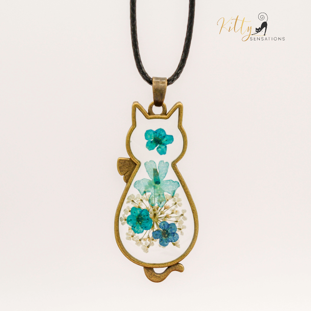 Pressed Flower Cat Necklace in Acrylic and Real Flowers