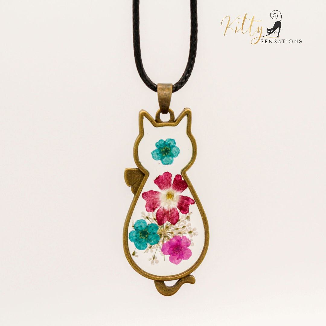 Pressed Flower Cat Necklace in Acrylic and Real Flowers