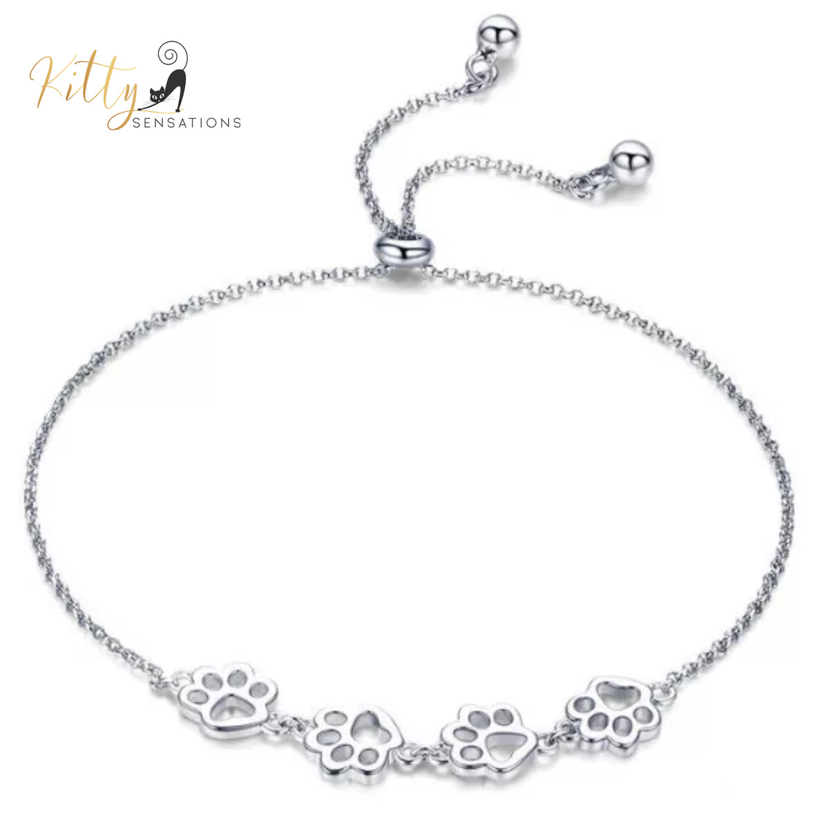 4 Cat Paws Bracelet in Solid 925 Sterling Silver - Adjustable (Platinum Plated)