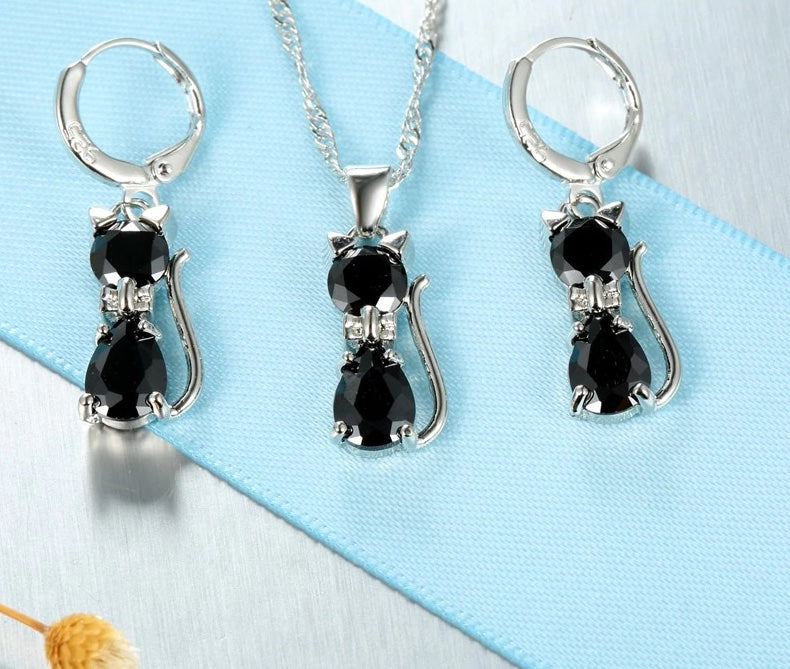 Austrian Crystal Cat Set in Solid 925 Sterling Silver