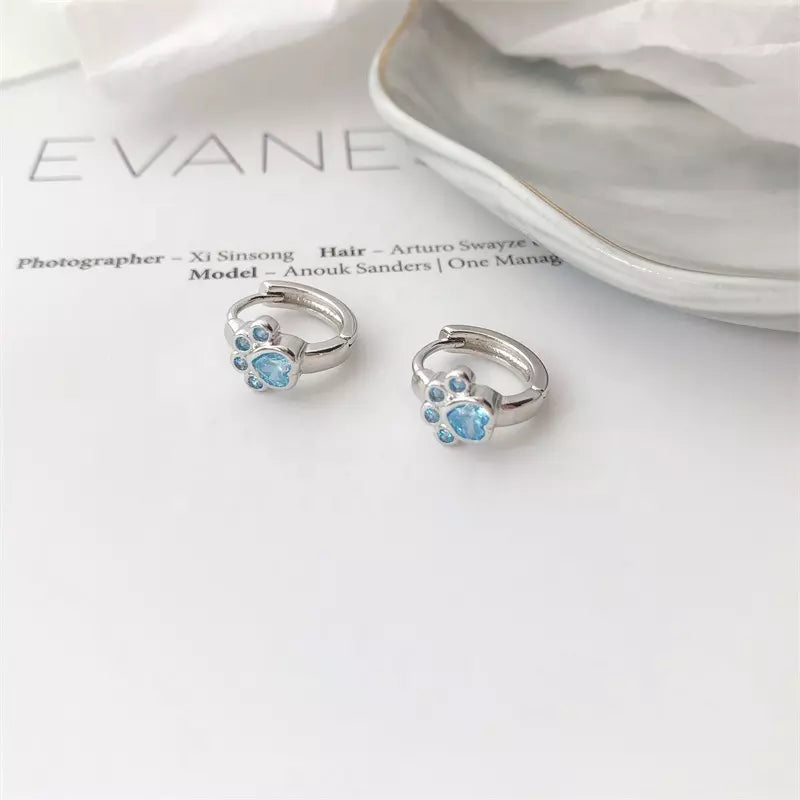 Blue Zircon Heart-Paw Cat Hoop Earrings in Solid 925 Sterling Silver