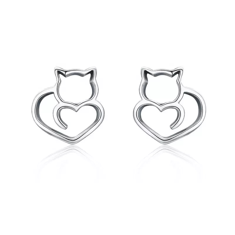 Cat Heart Earrings in Solid 925 Sterling Silver