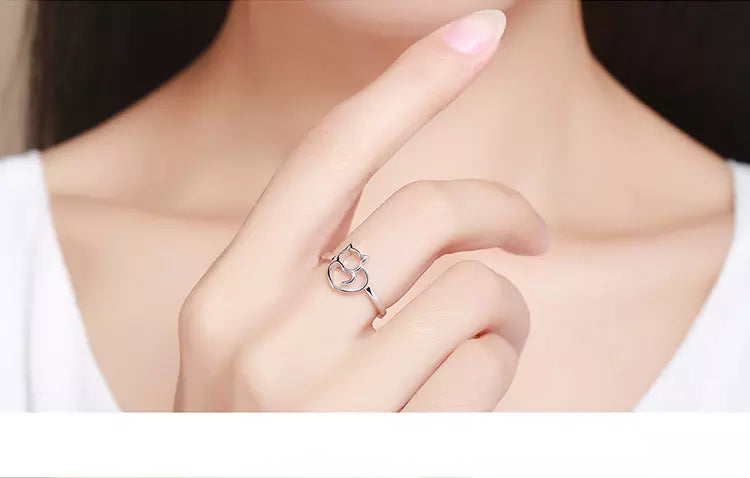Cat Heart Ring in Solid 925 Sterling Silver