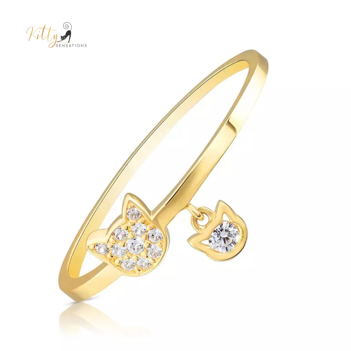 CZ Cat Ring with Hanging Cat Charm in Solid 925 Sterling Silver and 18K Gold Plating ($60.95): https://www.kittysensations.com/products/18k-cz-cat-ring-with-shiny-hanging-cat-charm?_pos=1&_psq=cz+cat+ring+han&_ss=e&_v=1.0