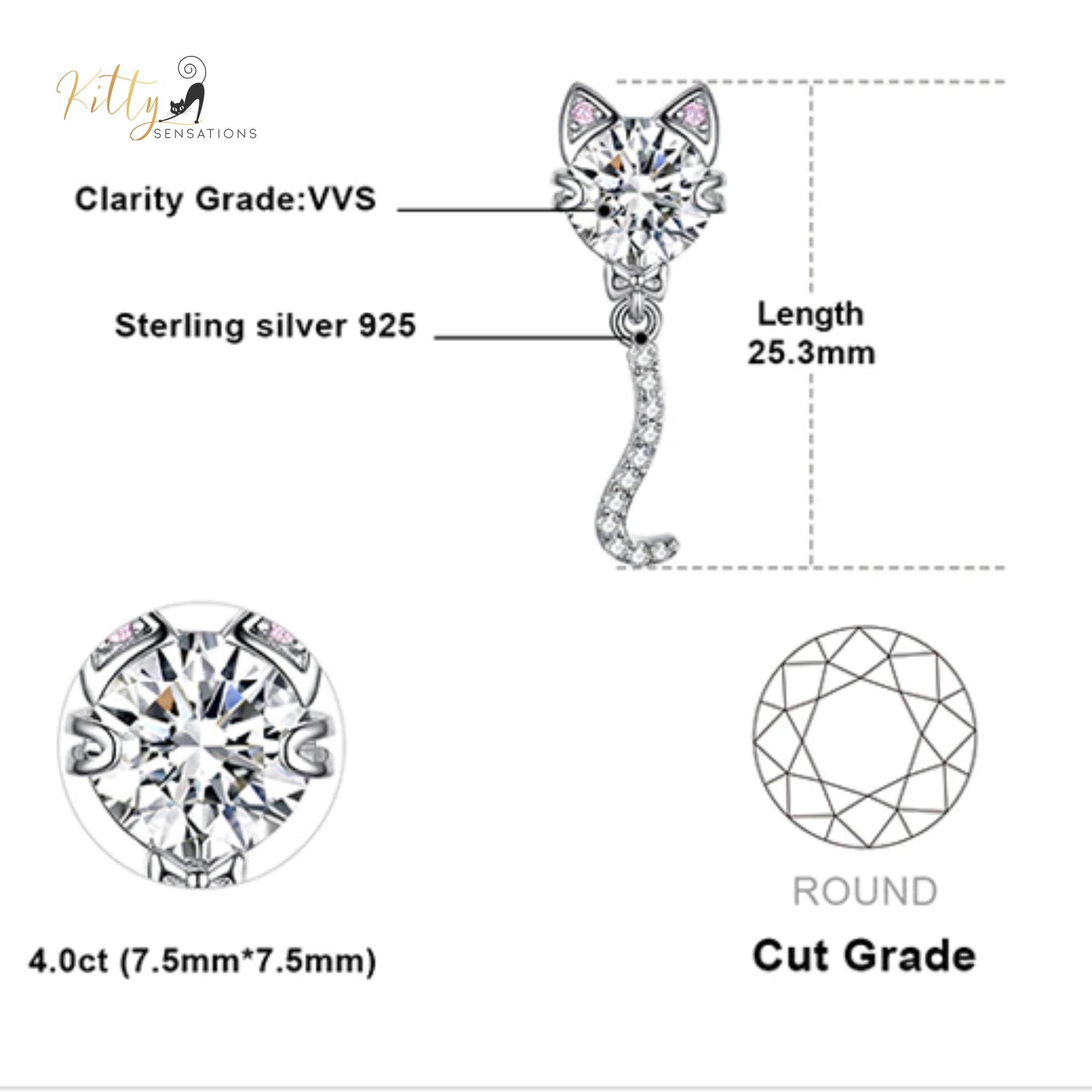 Classy Sparkling CZ Kitty 3-Piece Jewelry Set (Fine Jewelry) in Solid 925 Sterling Silver