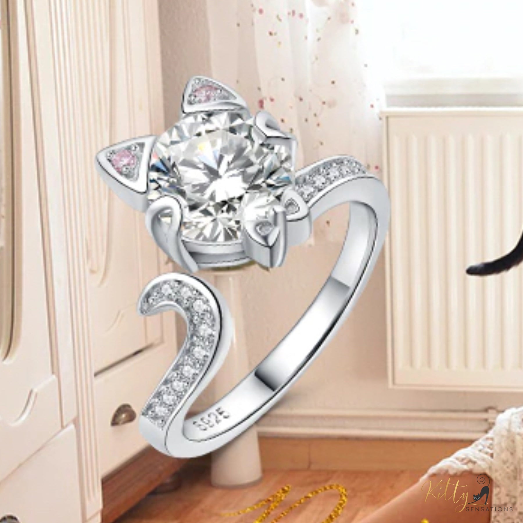 Classy Sparkling CZ Kitty Ring (Fine Jewelry) in Solid 925 Sterling Silver - Adjustable Size