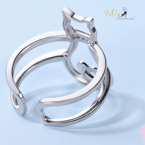 Doodle Cat with CZ Collar Double Band Ring in Solid 925 Sterling Silver - Adjustable