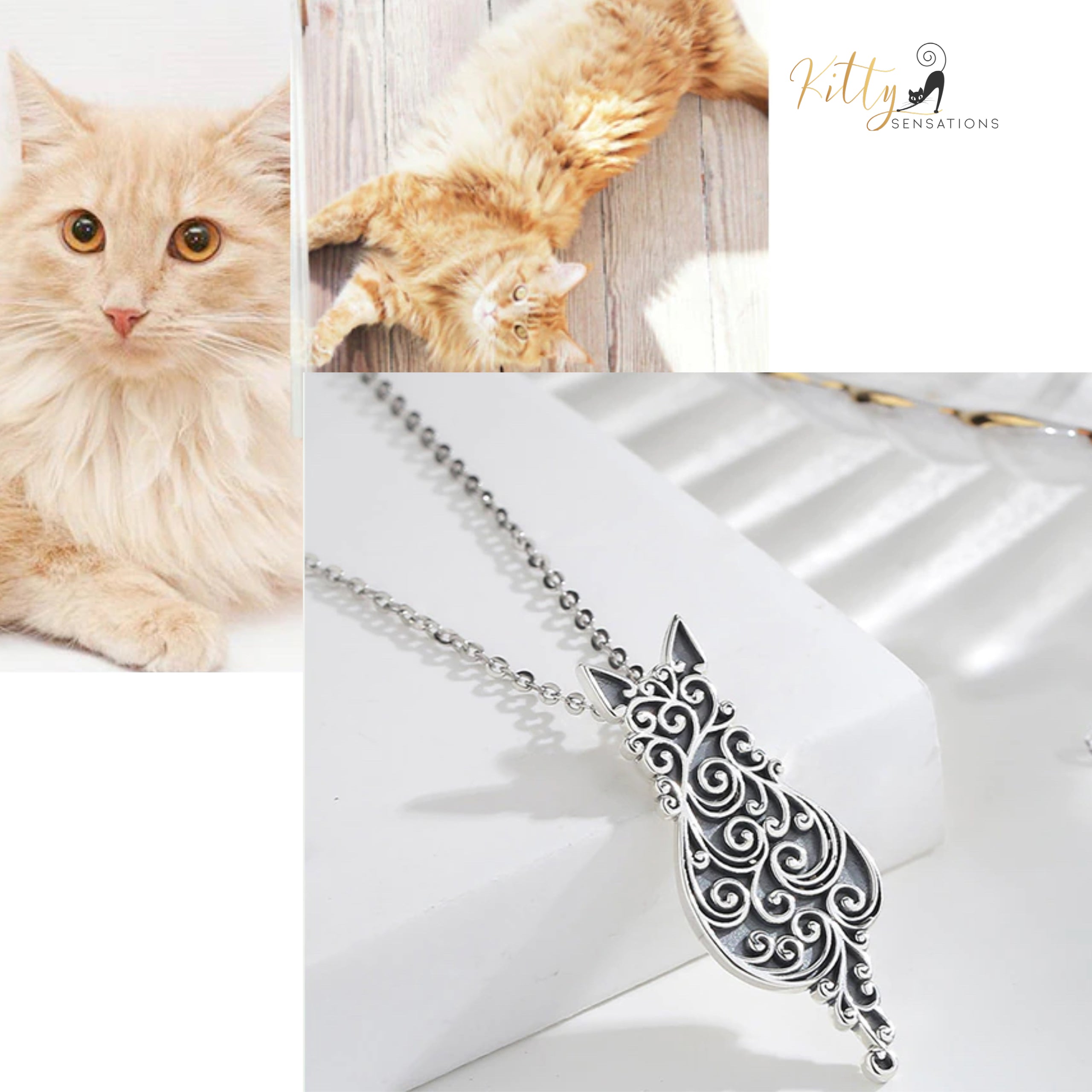 925 Sterling Silver Black Cat Kitten Crystal Pendant Necklace & Earring Set - Cubic Zirconia, Hallmarked UK