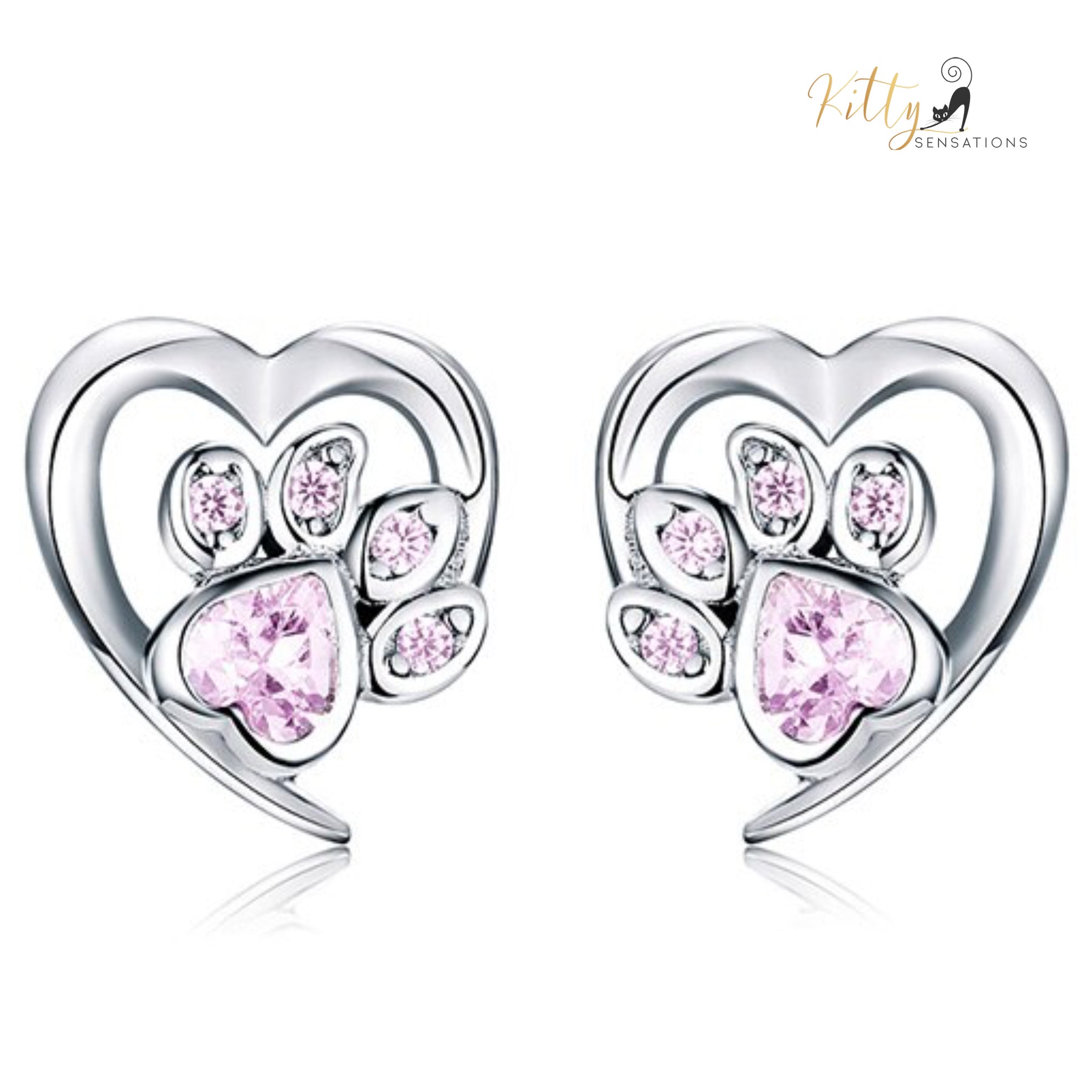 Heart Paw Cat Earrings in Solid 925 Sterling Silver (Platinum Plated)