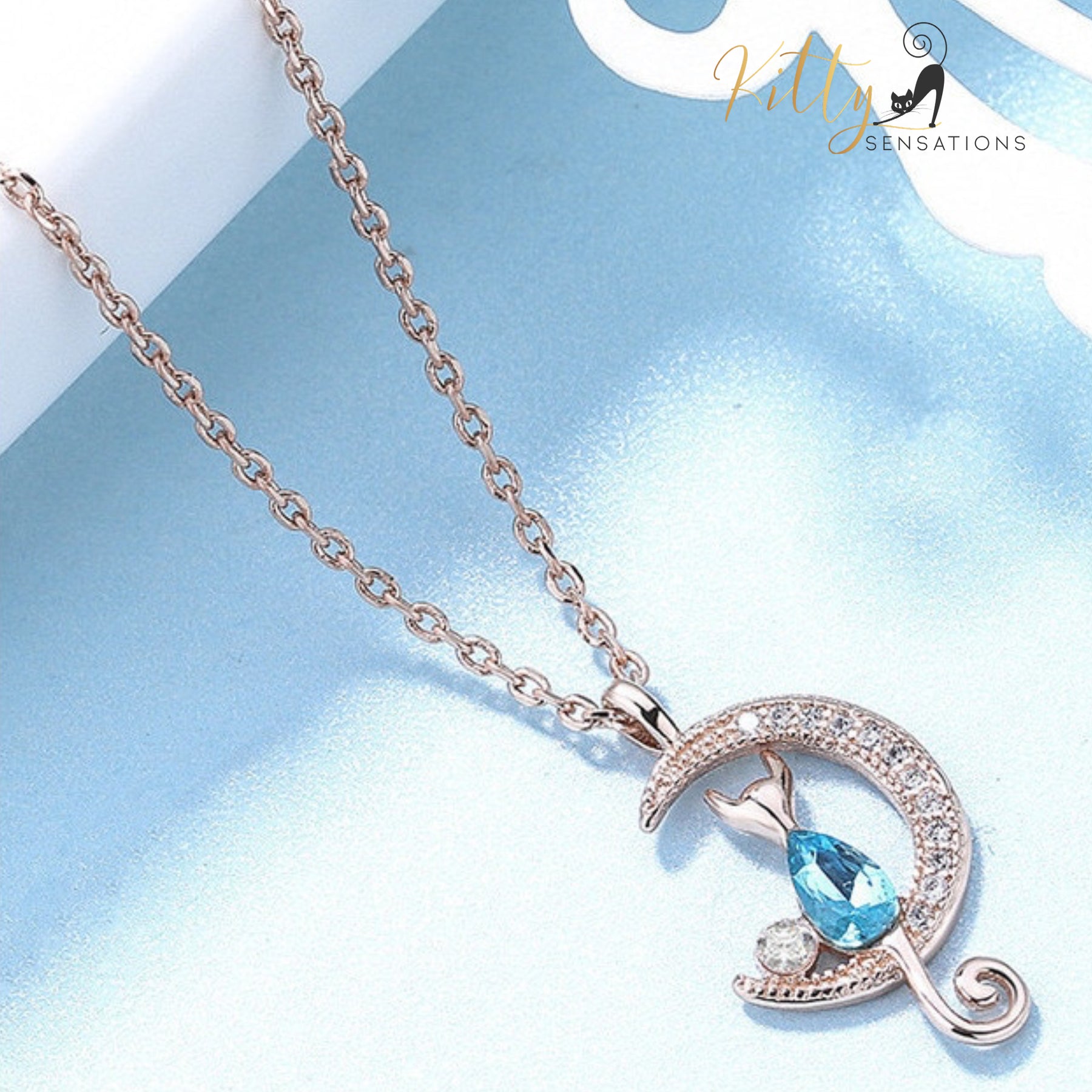 Moon Kitty Necklace in Cubic Zirconia and Solid 925 Sterling Silver (Clear or Blue)