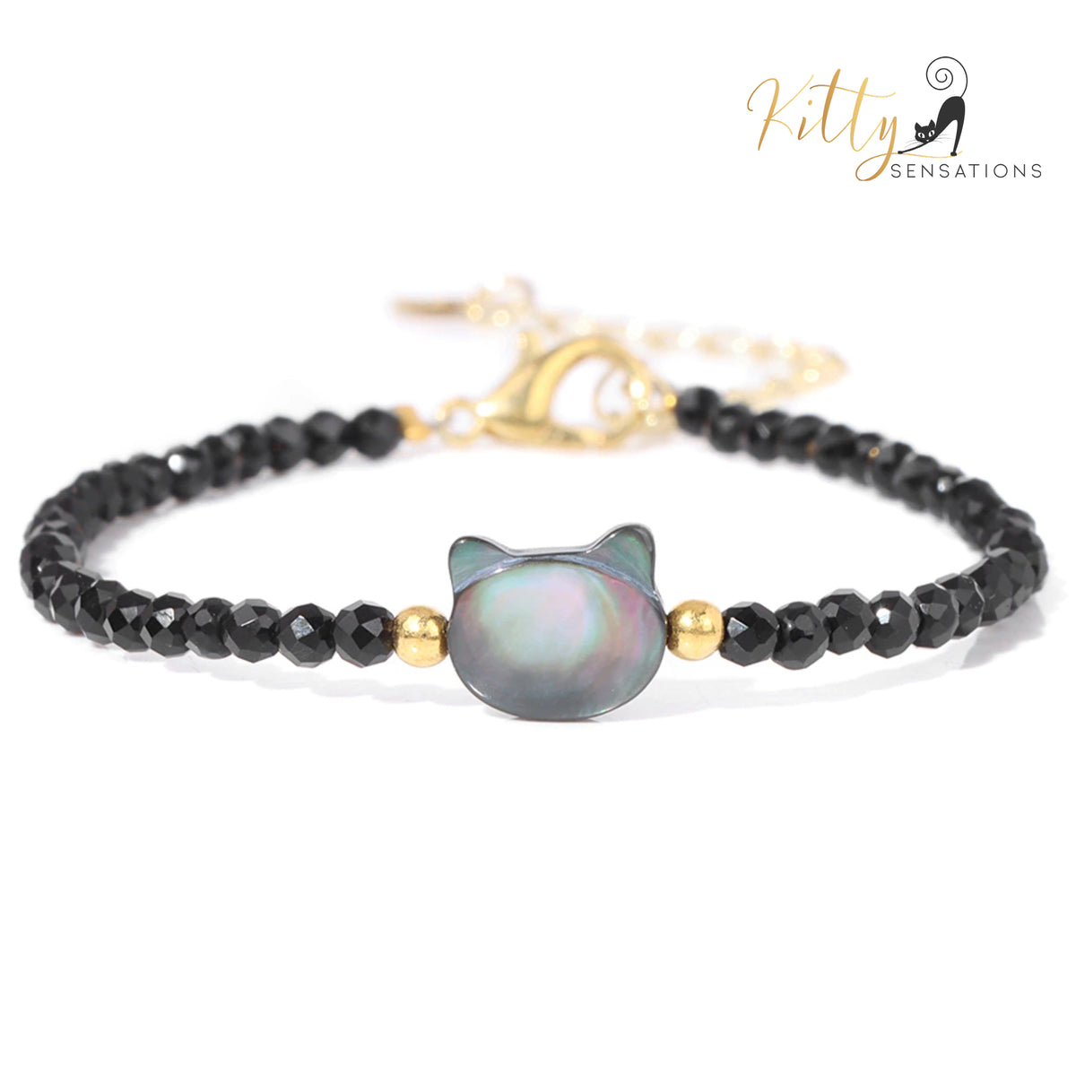 Natural Gemstones, Gray Mother-of-Pearl Kitty Face Bracelet (Adjustable Length)