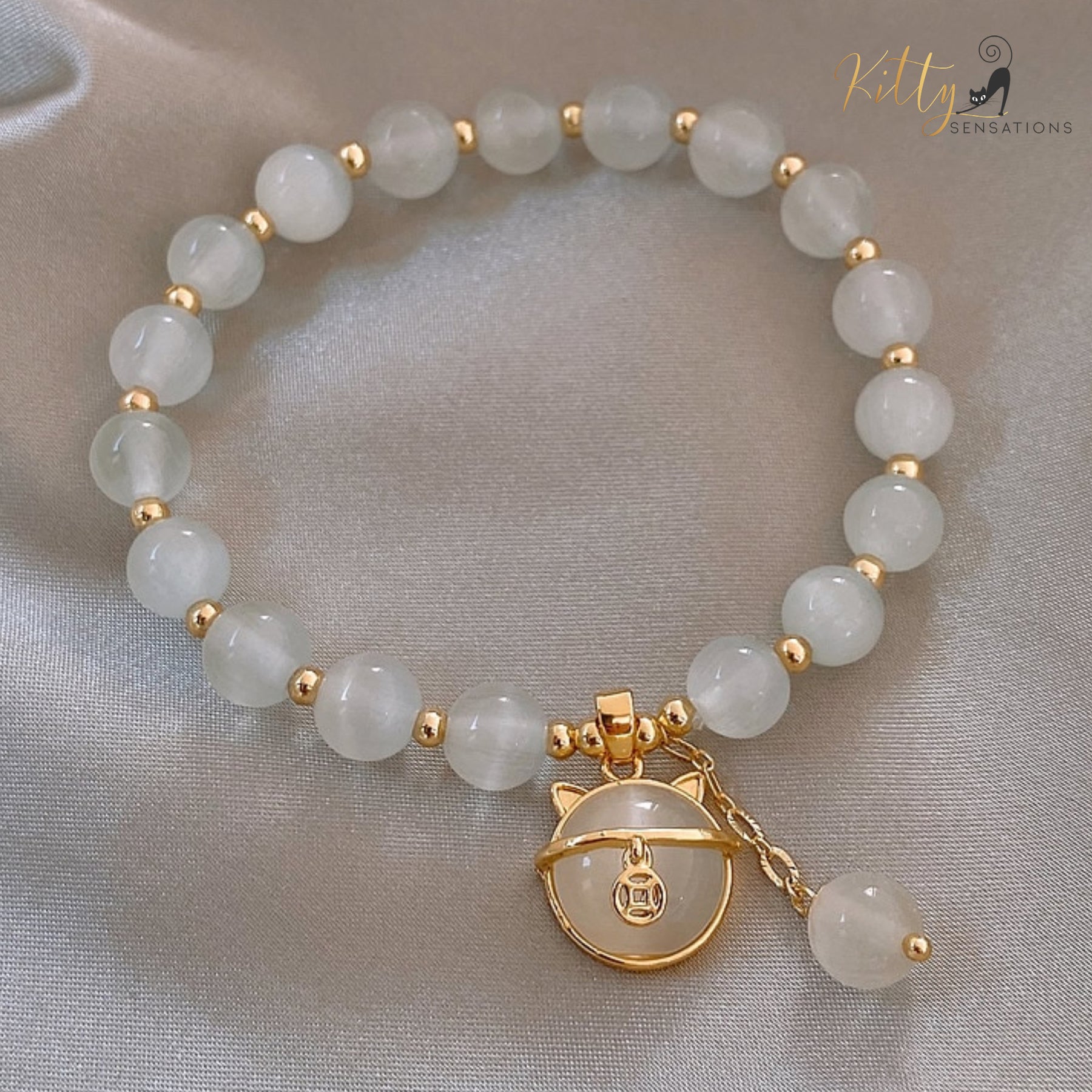 www.KittySensations.com Natural Opal with Golden Beads and Kitty Face Charm Bracelet ($24.40): https://www.kittysensations.com/products/natural-opal-cat-bracelet