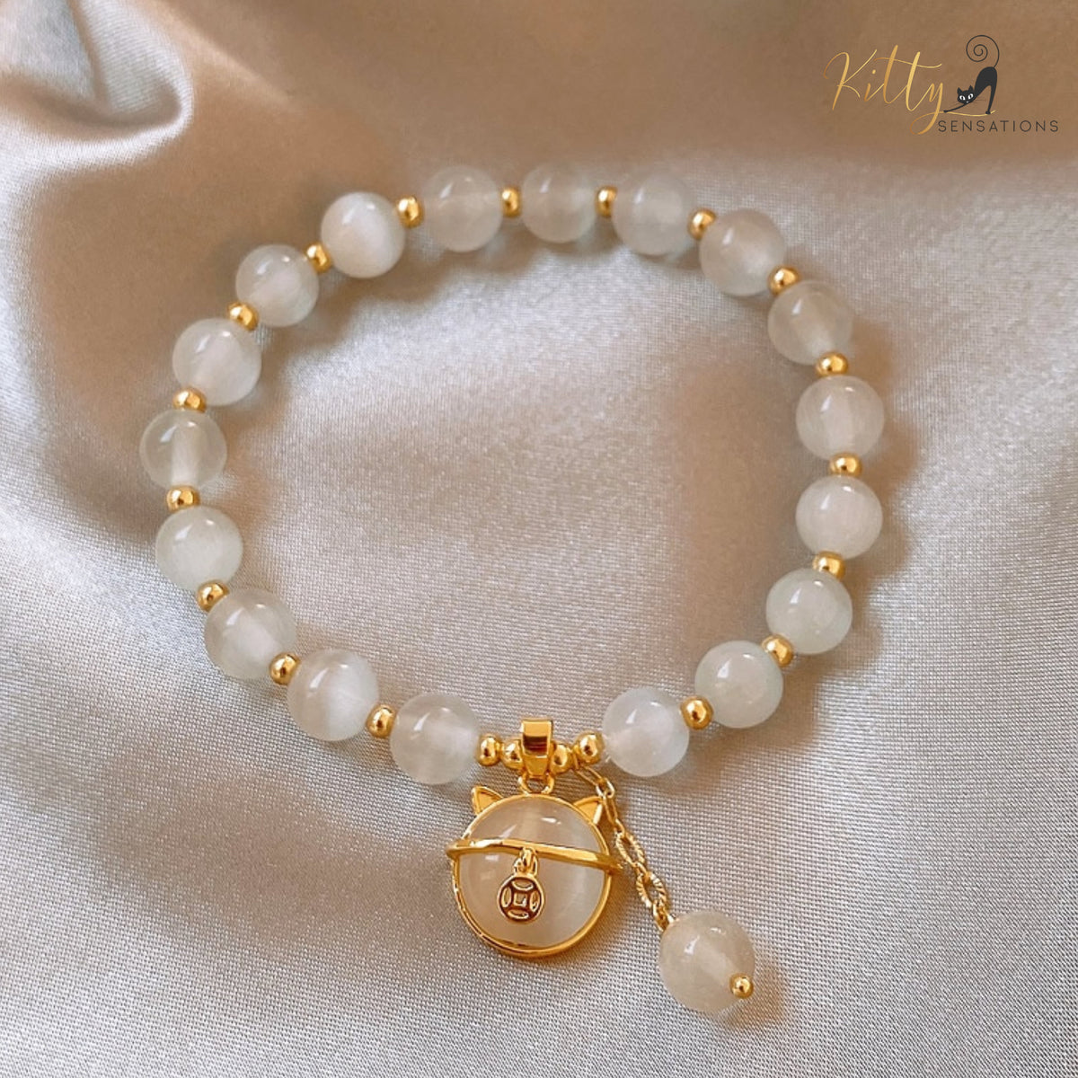 www.KittySensations.com Natural Opal with Golden Beads and Kitty Face Charm Bracelet ($24.40): https://www.kittysensations.com/products/natural-opal-cat-bracelet