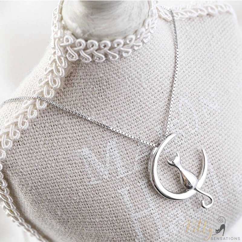 cat moon necklace in sterling silver on gray fabric 7604327-silver