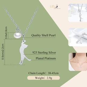 Pearl and Hanging Cat Necklace in Solid 925 Sterling Silver (Platinum Plated)