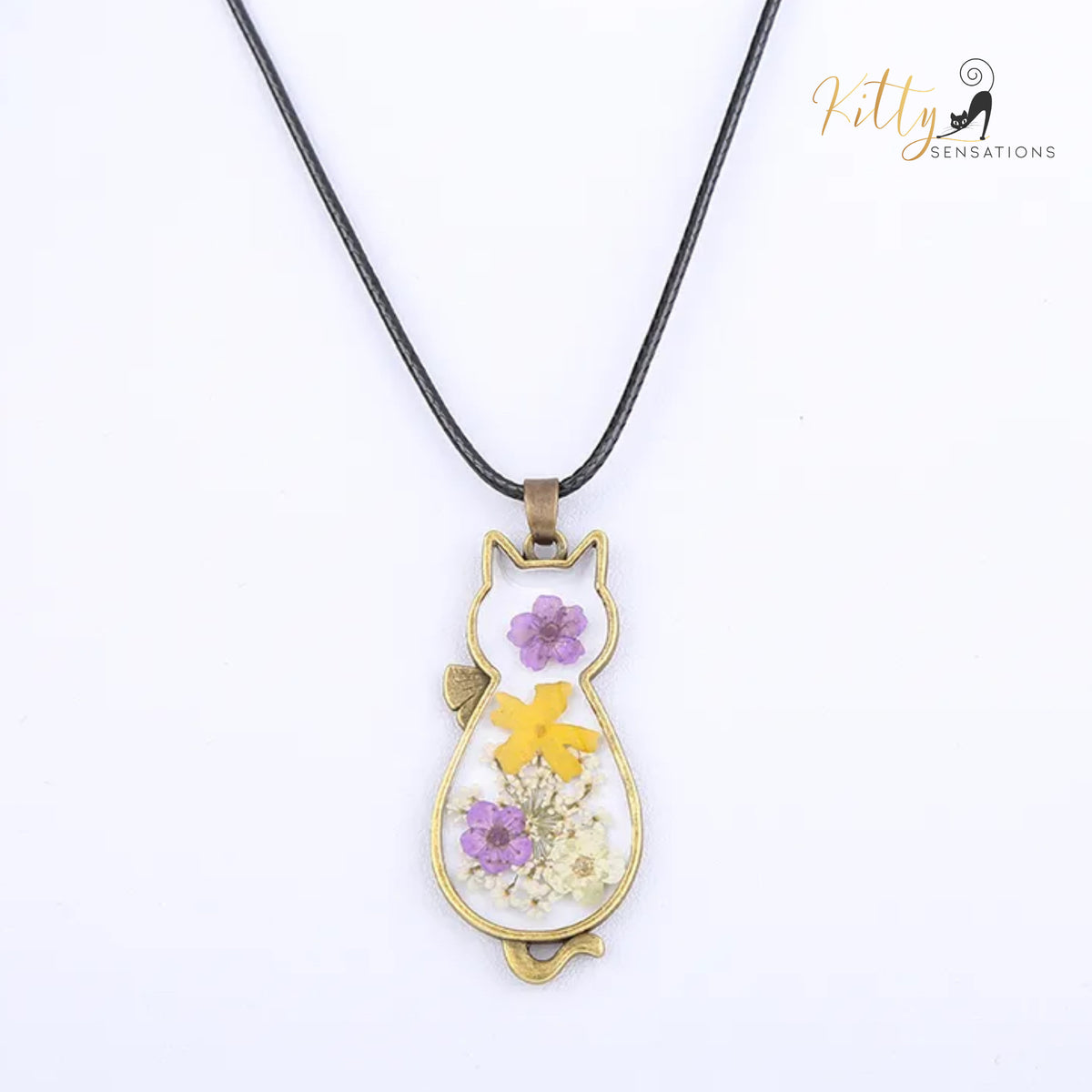 Pressed Flower Cat Necklace in Acrylic and Real Flowers