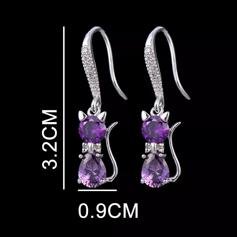 Purple Crystal Cat Earrings (Platinum Plated)