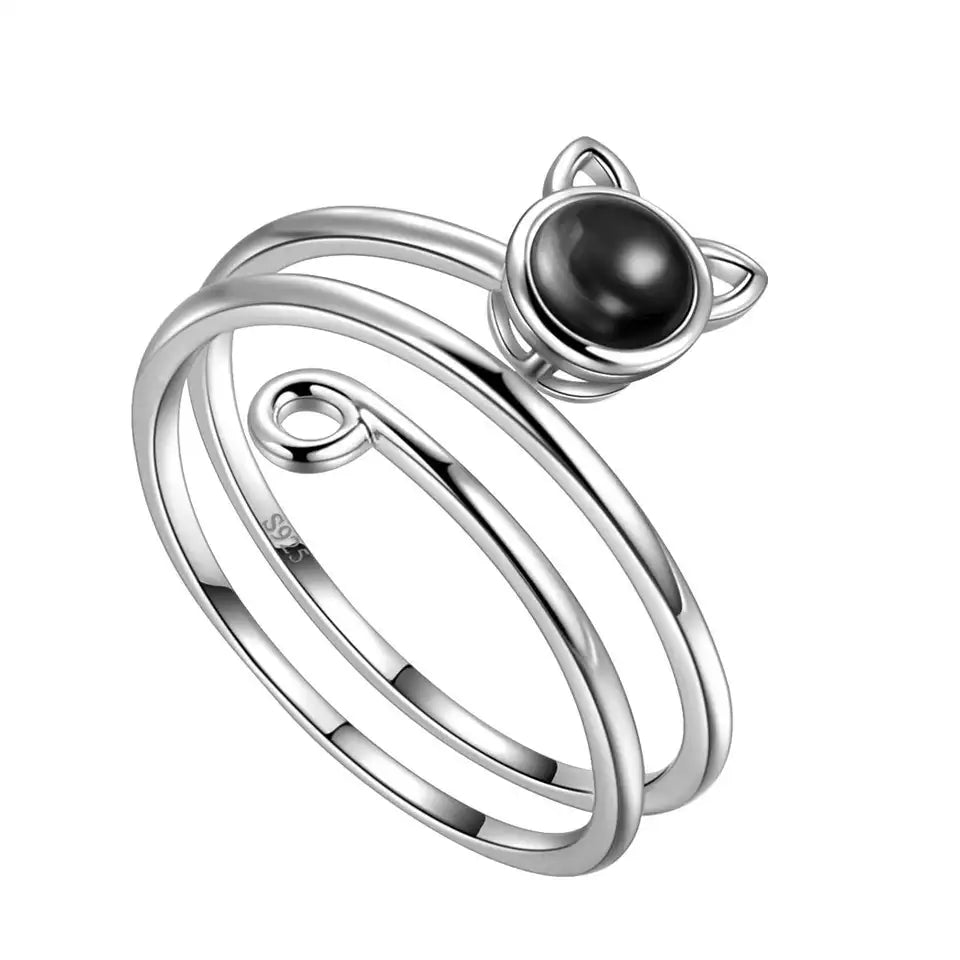 Crystal Face Spiral Cat Ring in Solid 925 Sterling Silver