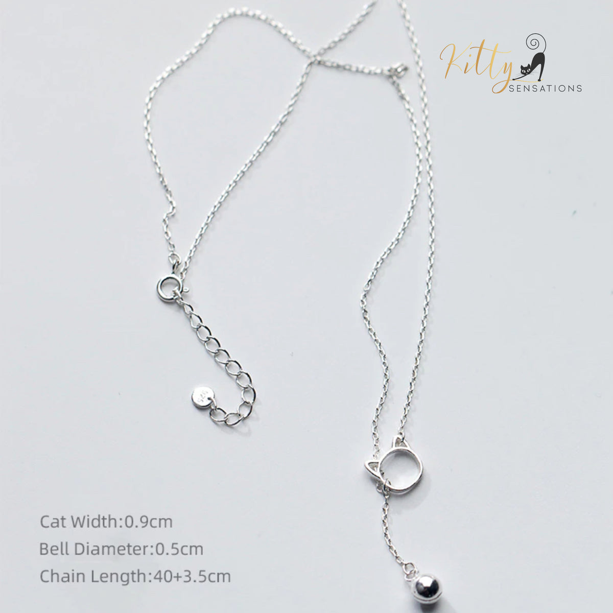 Purrfection Cat Necklace with Hanging Bell Charm in Solid 925 Sterling Silver