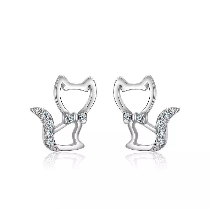 Cubic Zirconia Tail Cat Earrings in Solid 925 Sterling Silver and 18K