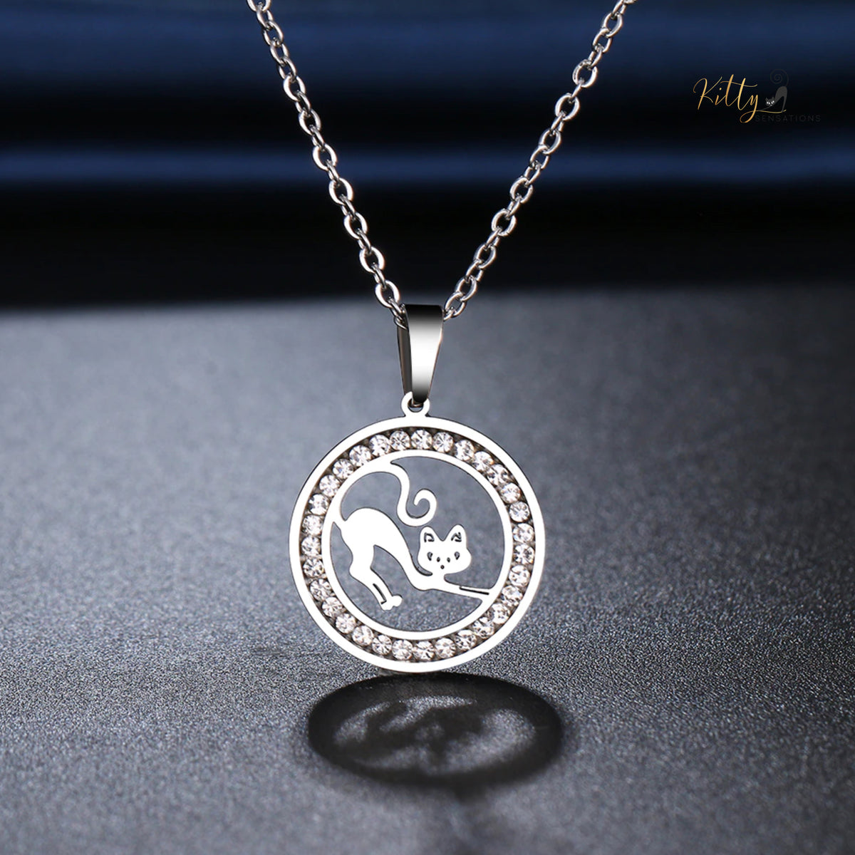 Stretching Kitty CZ Medallion Pendant Necklace (Gold or Silver)