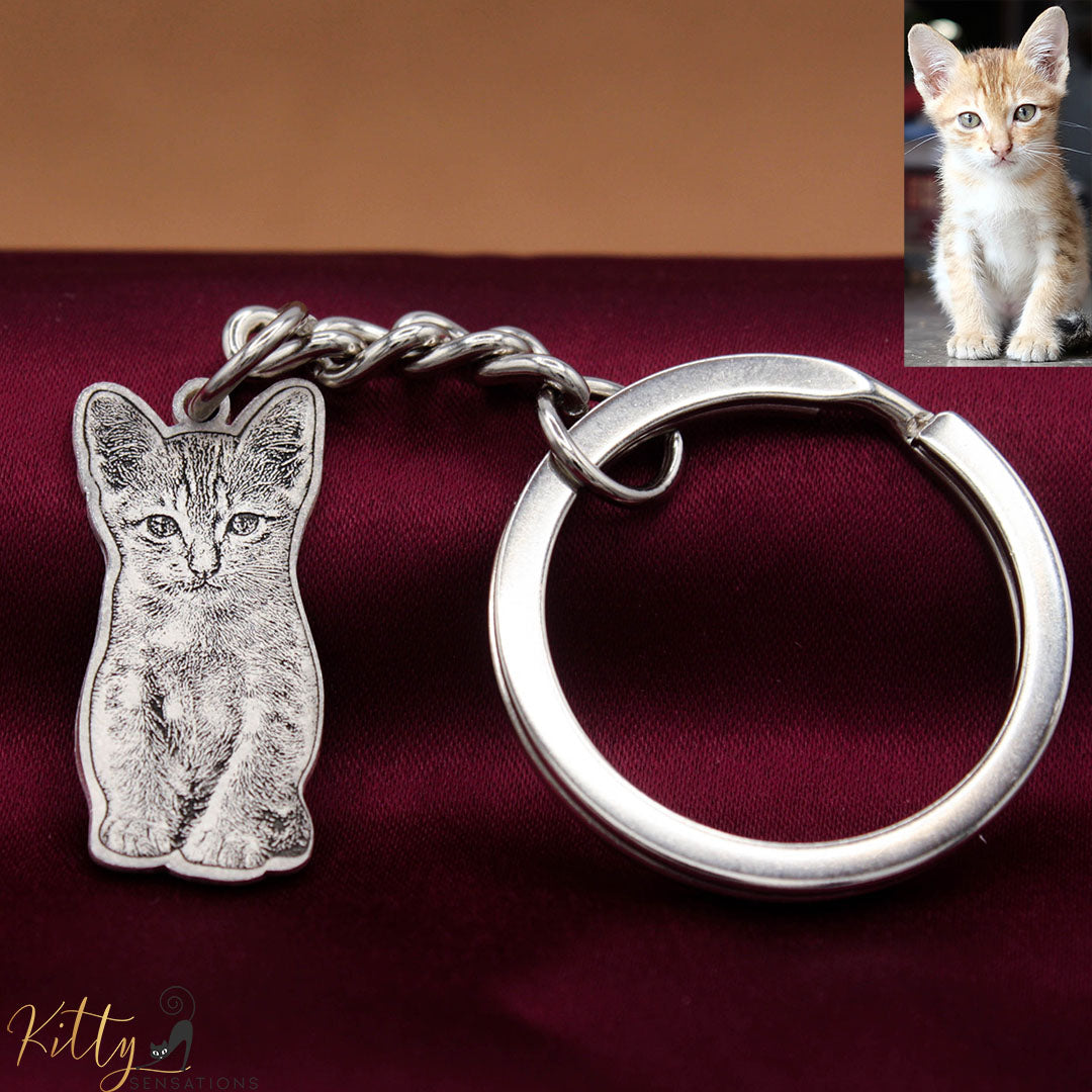 KittySensations™ Custom Cat Keychain with Personal Engraving in Solid 925 Sterling Silver or Gold / Rose Gold Plated Titanium ($59.95)
