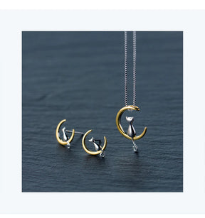 Gold and Silver Moon Kitty Set in Solid 925 Sterling Silver (smaller set)