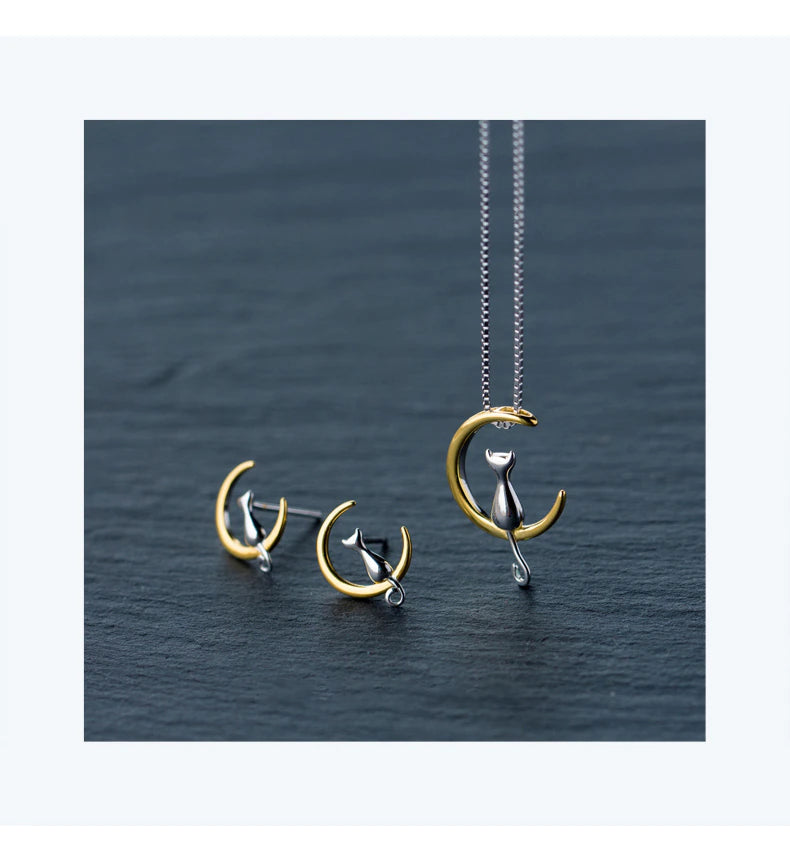 Gold and Silver Moon Kitty Set in Solid 925 Sterling Silver (smaller set)