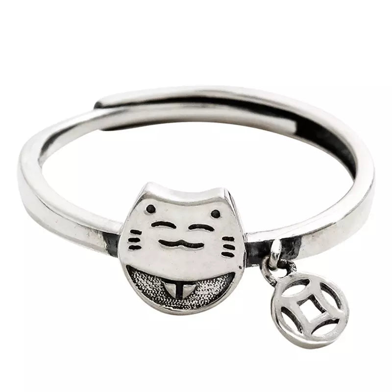 Smiley Cat Ring with Hanging Charm in Solid 925 Sterling Silver