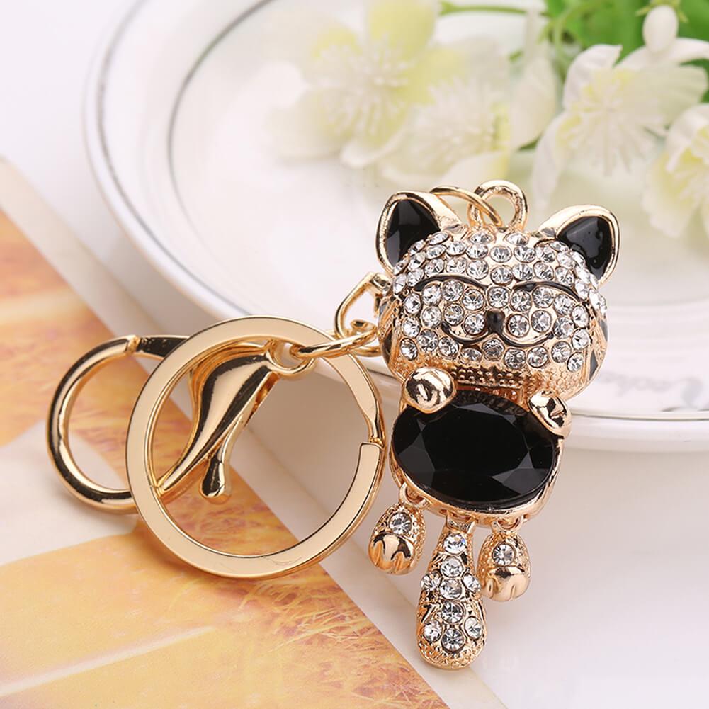 golden cat keychain with black gemstone kittysensations