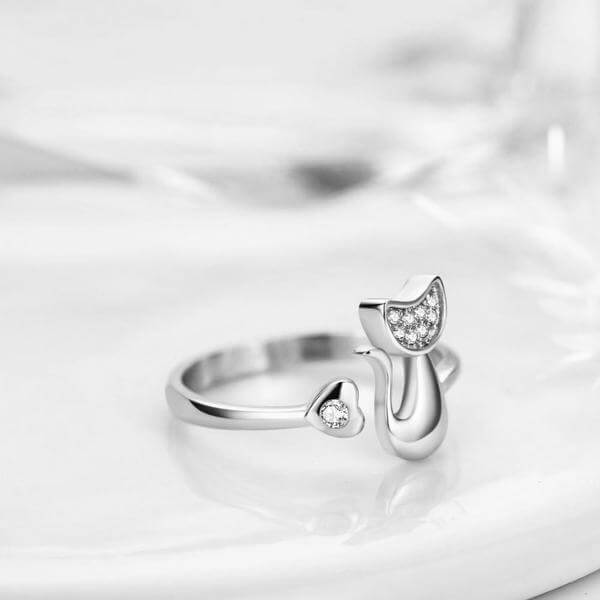 silver cat ring on white table kittysensations