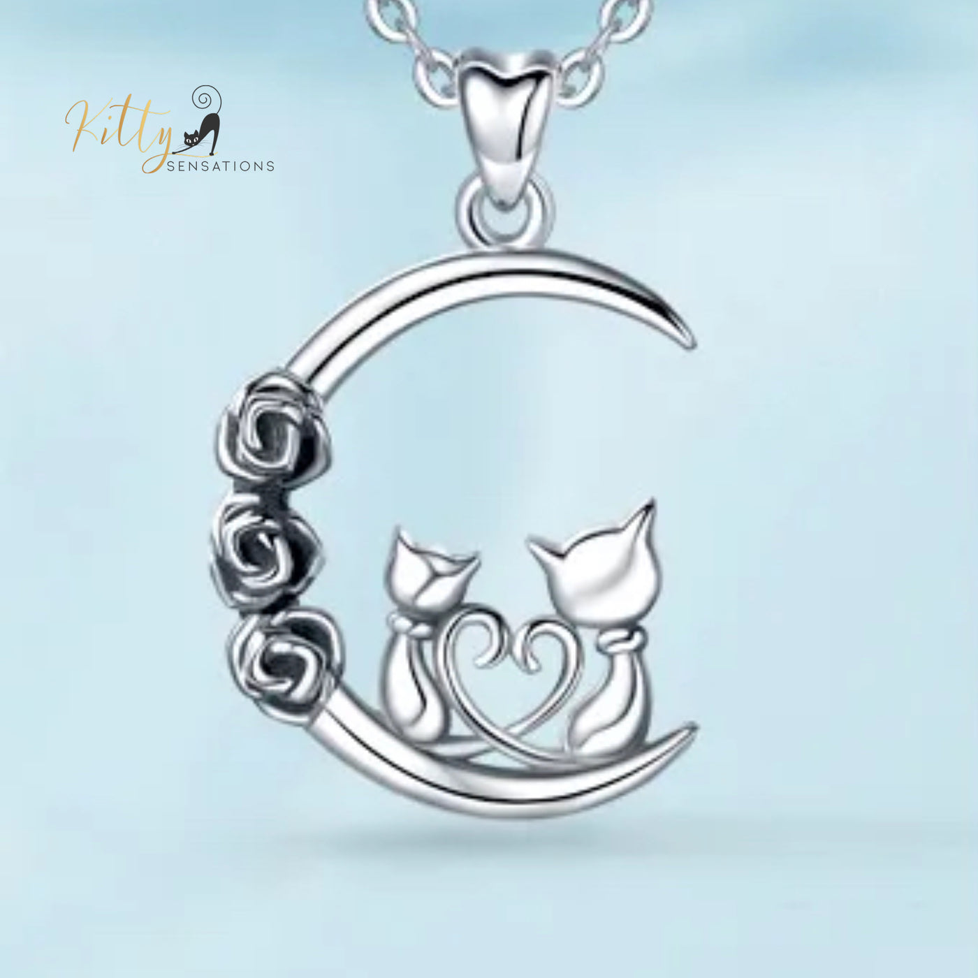 Valentine's Day Cat Couple Moon Roses Necklace