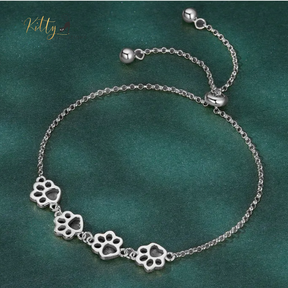 4 Cat Paws Bracelet in Solid 925 Sterling Silver - Adjustable (Platinum Plated)