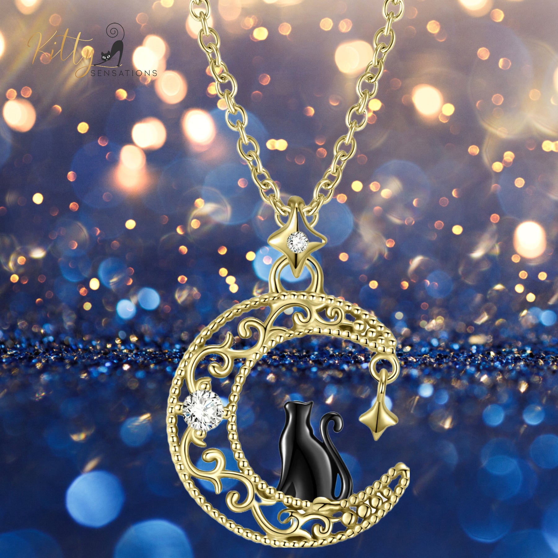 www.KittySensations.com: Black & Gold Moon Kitty Necklace in Solid 925 Sterling Silver ($89.15): https://www.kittysensations.com/products/black-gold-moon-kitty-necklace-in-solid-925-sterling-silver