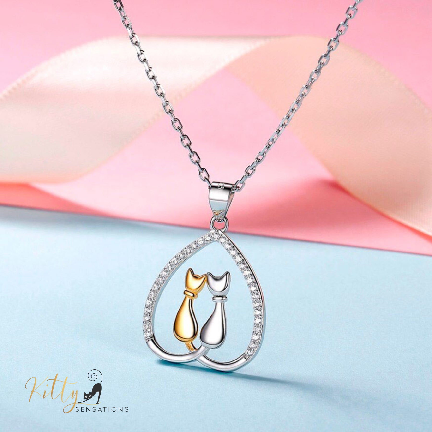 Cat Couple Heart Necklace in Solid 925 Sterling Silver (18K Gold Plated)