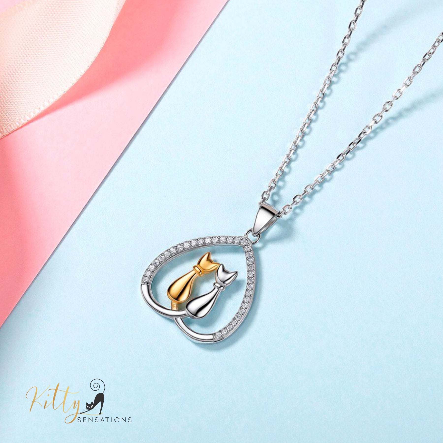 Cat Couple Heart Necklace in Solid 925 Sterling Silver (18K Gold Plated)