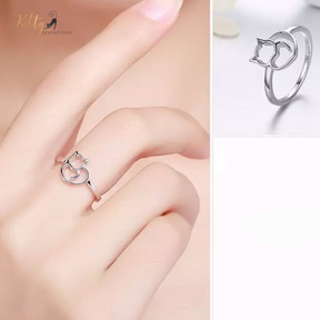 Cat Heart Ring in Solid 925 Sterling Silver (Platinum Plated)