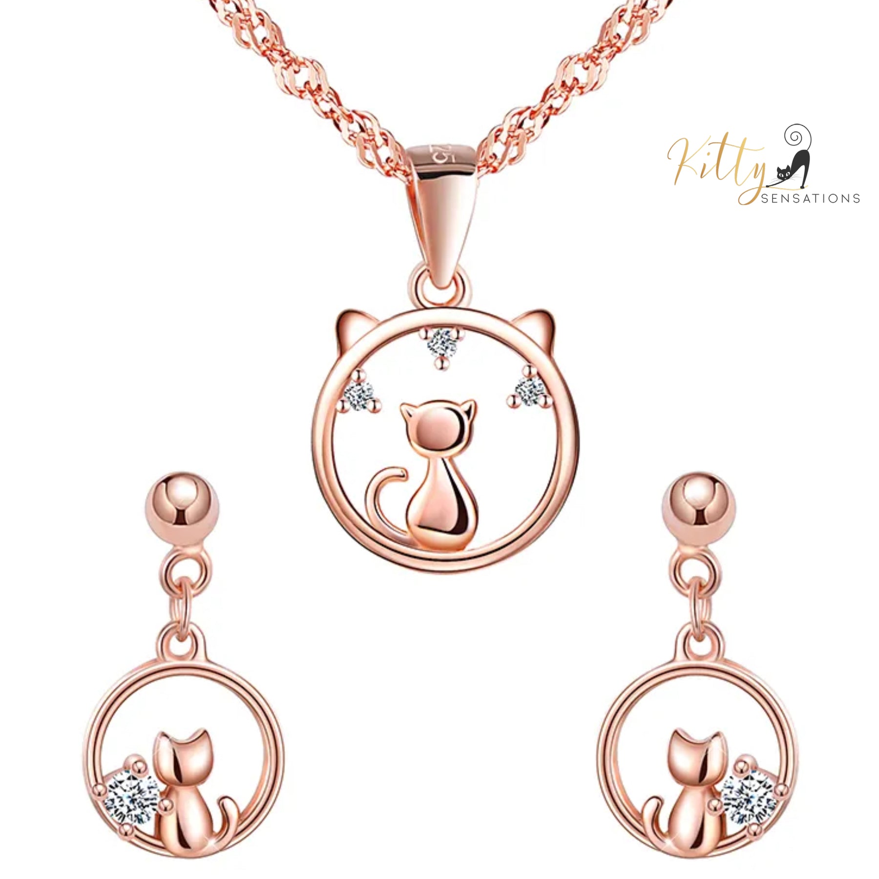 www.KittySensations.com: Center of Your World CZ Cat Jewelry Set in Solid 925 Sterling Silver (Rose Gold Plated) ($76.33): https://www.kittysensations.com/products/center-of-your-world-cat-jewelry-set-in-solid-925-sterling-silver-rose-gold-plated